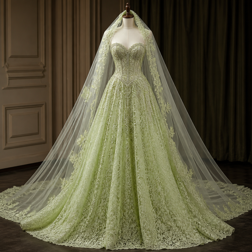 * Use the beaded corset style from the first image.
* Use the lime green lace fabric from the second image for the gown.
* Design it as a luxury bridal gown.
* Add a long cathedral bridal veil with matching lace appliqués.
* Keep the look elegant, couture, and suitable for a bride.
photorealistic fashion design, * Use the beaded corset style from the first image.
* Use the lime green lace fabric from the second image for the gown.
* Design it as a luxury bridal gown.
* Add a long cathedral bridal veil with matching lace appliqués.
* Keep the look elegant, couture, and suitable for a bride., just the design no text