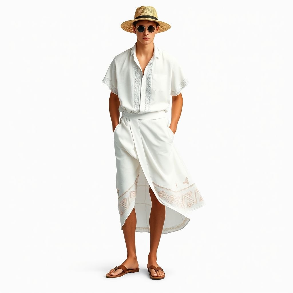 Long White plane sarong for boys
Create a contemporary beachwear collection featuring a long white plane sarong for boys, merging elegance and comfort. Incorporate geometric patterns in soft pastels along the hem. Pair it with a lightweight, off-the-shoulder linen shirt, adorned with subtle embroidery. Add sleek sandals and a woven hat for a stylish summer ensemble.