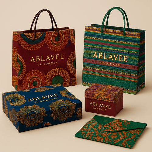 Make me 5 different unique, sophisticated packages materials for my clothing line
ABLAVEE LE KOUTOR by making it first of its kind and chic. using Rich colors, Ankara prints, aso Oke prints and designs.