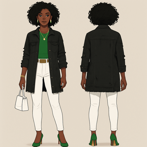 Black woman 
Green shirt 
Long black ripped jean jacket 
Tight white pants gold belt 
Gold bracelet 
Green earrings 
Green heels white purse 
Gold necklace with cross 
