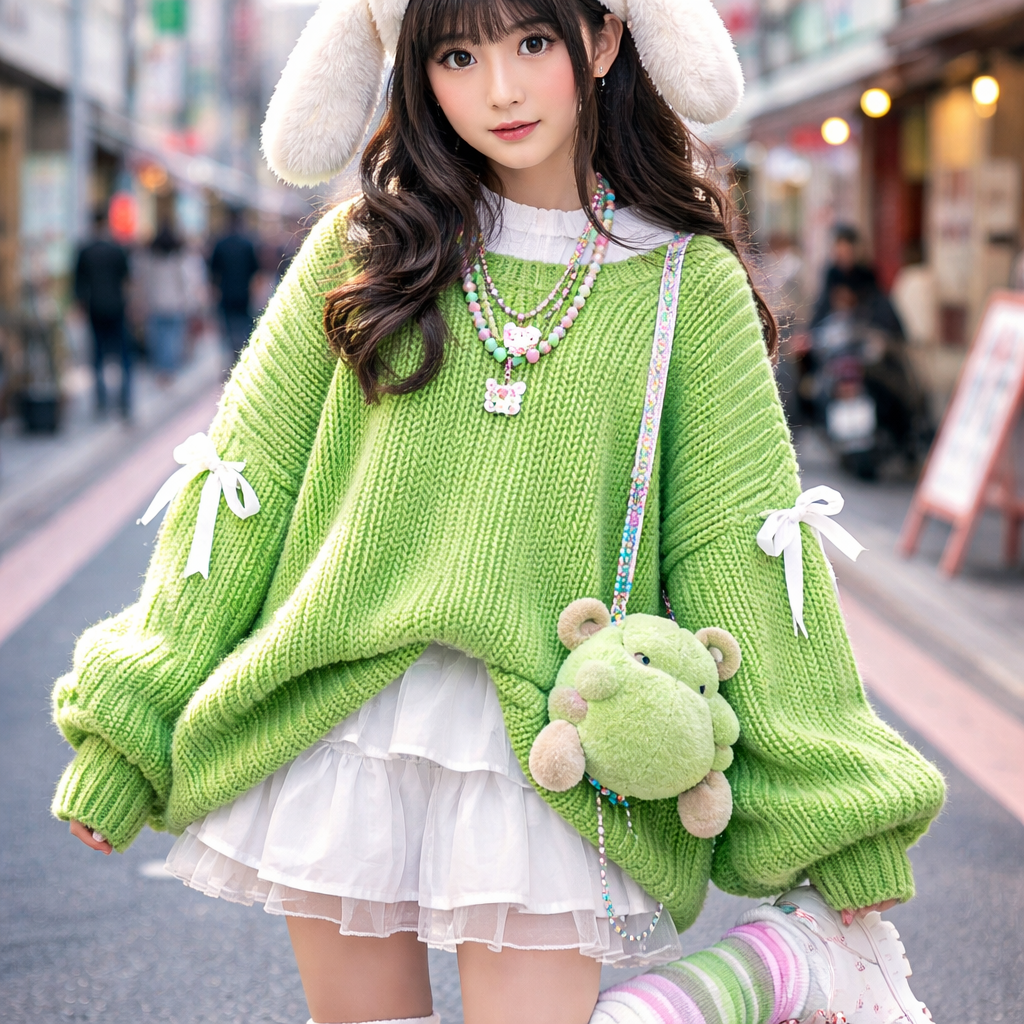 cute chunky oversized bright green sweater
Japanese Street fashion design: Cute, chunky, oversized bright green knit sweater, worn with a playful, stacked layered look and relaxed fit.
