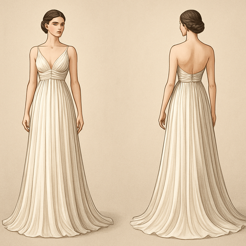 Greek style Empire Waist Dress for evening with strapless and v neck with tail