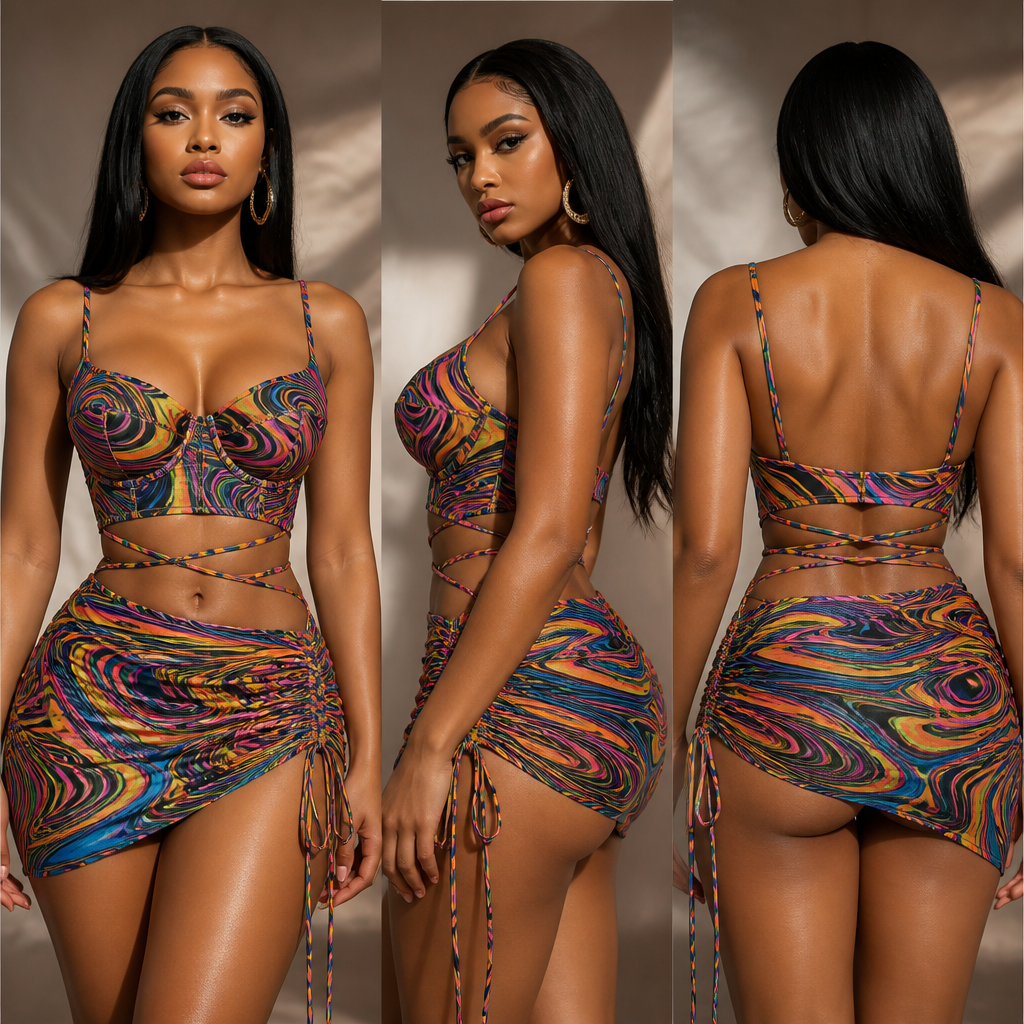 2-piece sexy clubwear set. The top is a structured corset-style crop top with an open back and criss-cross thin midriff straps wrapping around the bare waist. The bottom is an asymmetrical micro-mini skirt, low-rise fit, with a ruched drawstring tie on one hip creating a distorted hemline. The entire set features a vibrant, high-density "Afro Tribal Liquid Motion" fluid pattern with neon multicolored wavy lines. Premium double-layered stretch mesh fabric, dynamic studio lighting, crisp details
front, side and back
african curvy model. Egypt fashion aesthetics.
photorealistic fashion design, 2-piece sexy clubwear set. The top is a structured corset-style crop top with an open back and criss-cross thin midriff straps wrapping around the bare waist. The bottom is an asymmetrical micro-mini skirt, low-rise fit, with a ruched drawstring tie on one hip creating a distorted hemline. The entire set features a vibrant, high-density "Afro Tribal Liquid Motion" fluid pattern with neon multicolored wavy lines. Premium double-layered stretch mesh fabric, dynamic studio lighting, crisp details
front, side and back
african curvy model. Egypt fashion aesthetics., just the design no text