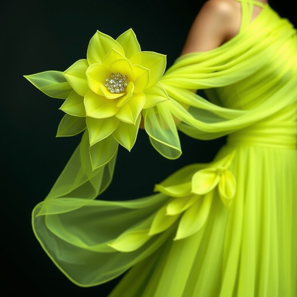 Create a one shoulder asymmetrical dress with one thigh exposed. In color lime green with beaded crystals and stones of varying sizes. One the one shoulder, add a very large organza flower. The on that shoulder, add a dropping sleeve, floor length with varying sizes of the large organza flowers flowing onto the floor. Addie same flower designs to the tail of the dress which also flows to the floor. Make it airy, almost delicate and elegant, add a slit to the left thigh and make the flowers on a mesh floor length sleeve on one shoulder
Design an avant-garde haute couture masterpiece: a one-shoulder asymmetrical dress in vibrant lime green, sculpted to flaunt a daring thigh exposure. Adorned with shimmering beaded crystals, the exquisite organza flower blossoms majestically from the shoulder, cascading down a flowing floor-length sleeve. Delicate mesh accents envelop the arm, while sculpted organza petals trail elegantly along the dress's tail, creating an ethereal, weightless silhouette that embodies sophistication and enchanting allure. This airy design exudes opulence and extraordinary craftsmanship, ideal for a fashion-forward occasion.