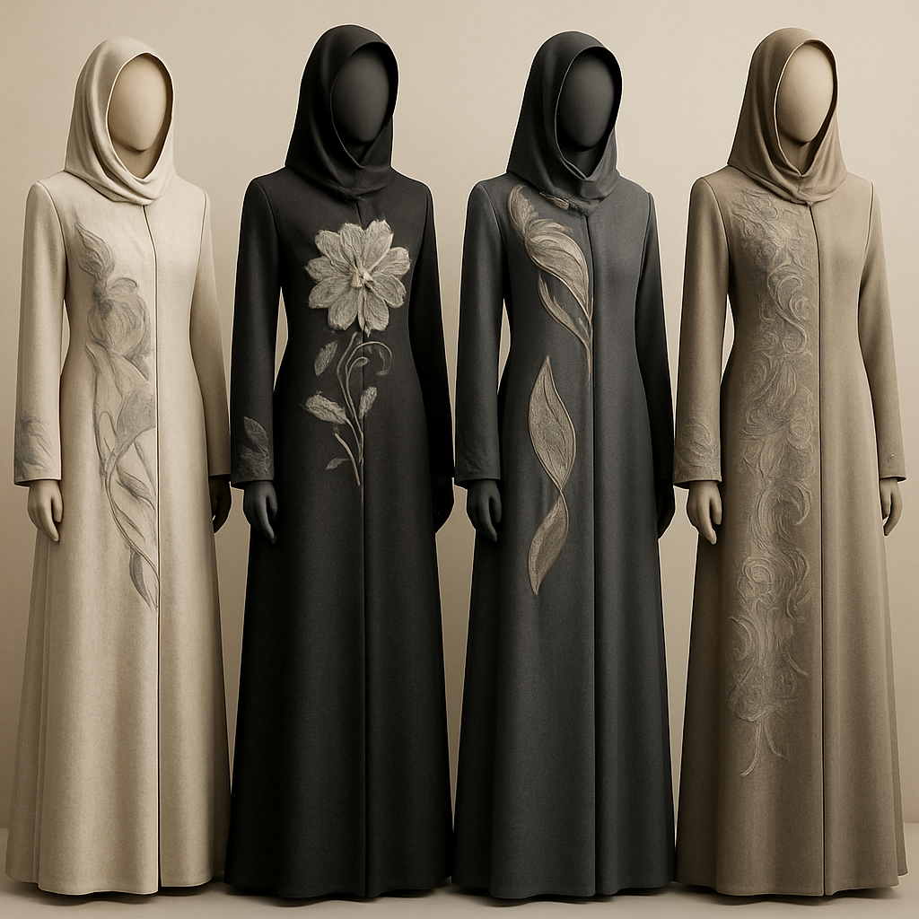 Create a modest abaya that's the first of its kind, featuring a unique stone design that exudes a classy and sophisticated vibe. I'd like four designs, each showcasing different styles and fabrics.Incorporate high-end, unique chic stone designs to make them truly special. And add little cute touch of sophisticated stone designs. Add huge flower and unique designs.
Create a modest abaya that's the first of its kind, featuring a unique stone design that exudes a classy and sophisticated vibe. I'd like four designs, each showcasing different styles and fabrics.Incorporate high-end, unique chic stone designs to make them truly special. And add little cute touch of sophisticated stone designs. Add huge flower and unique designs.
