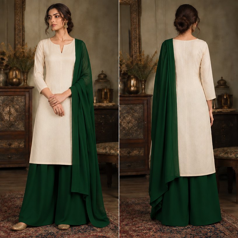 Emboridary remove make it plain and plazoo pant vala with punjabi jutti
edit the attached fashion design with these instructions: Emboridary remove make it plain and plazoo pant vala with punjabi jutti. keep it photorealistic, just the design no text