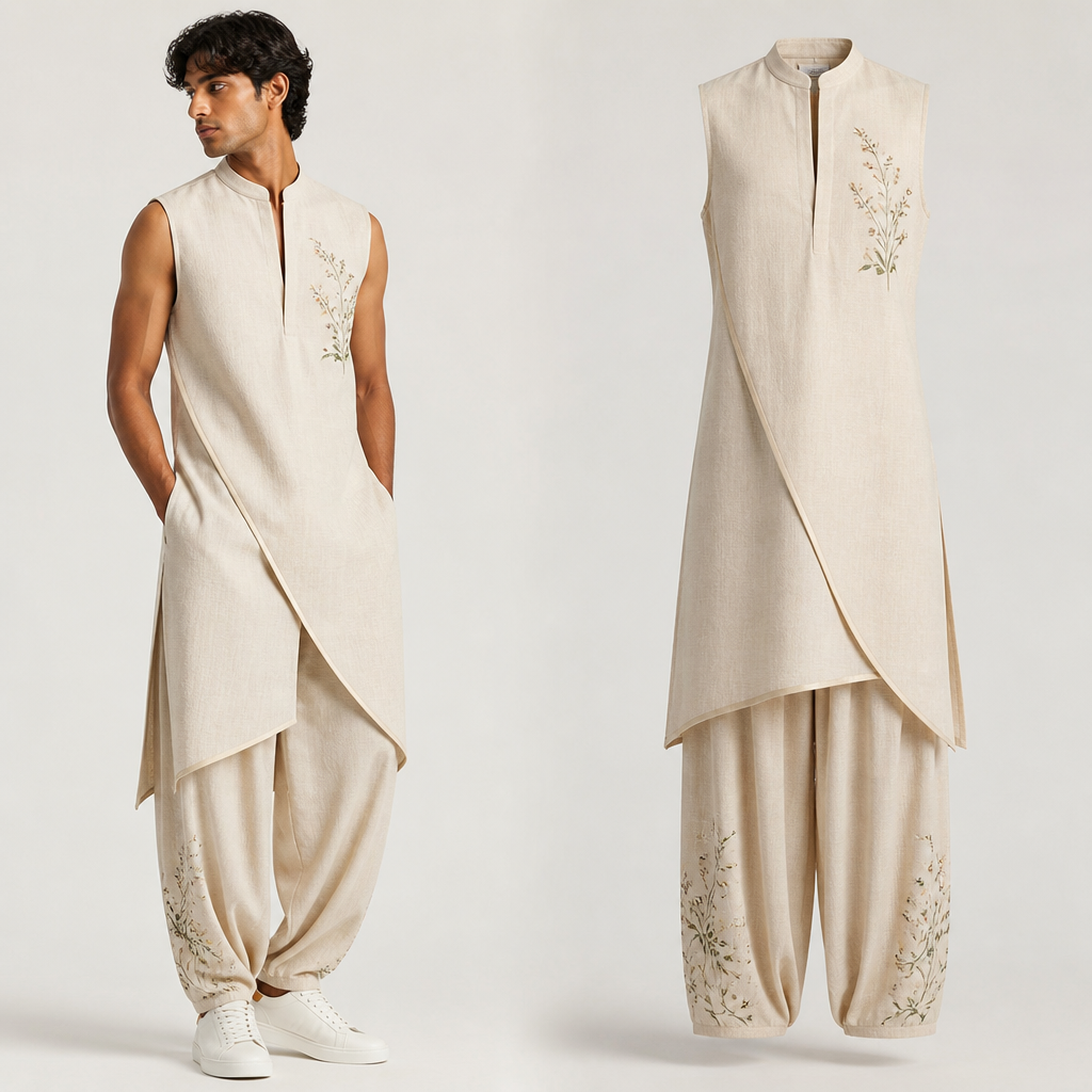 A Male Dress design, made of Wool, for Date Night, suitable for Summer, in Athleisure + Cottagecore + Indian style
photorealistic fashion design, A Male Dress design, made of Wool, for Date Night, suitable for Summer, in Athleisure + Cottagecore + Indian style, athleisure style, just the design no text