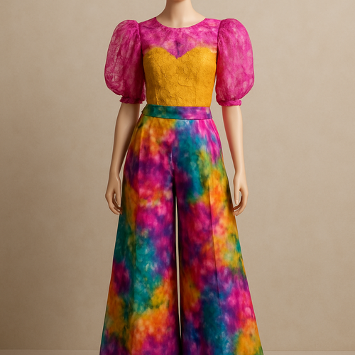 Create one of a kind colorful palazzo pant made from beautiful tie&dye fabric with a beautiful two tone organza lace top designed for high end fashionista that will make it look gorgeous on a mannequin with a face