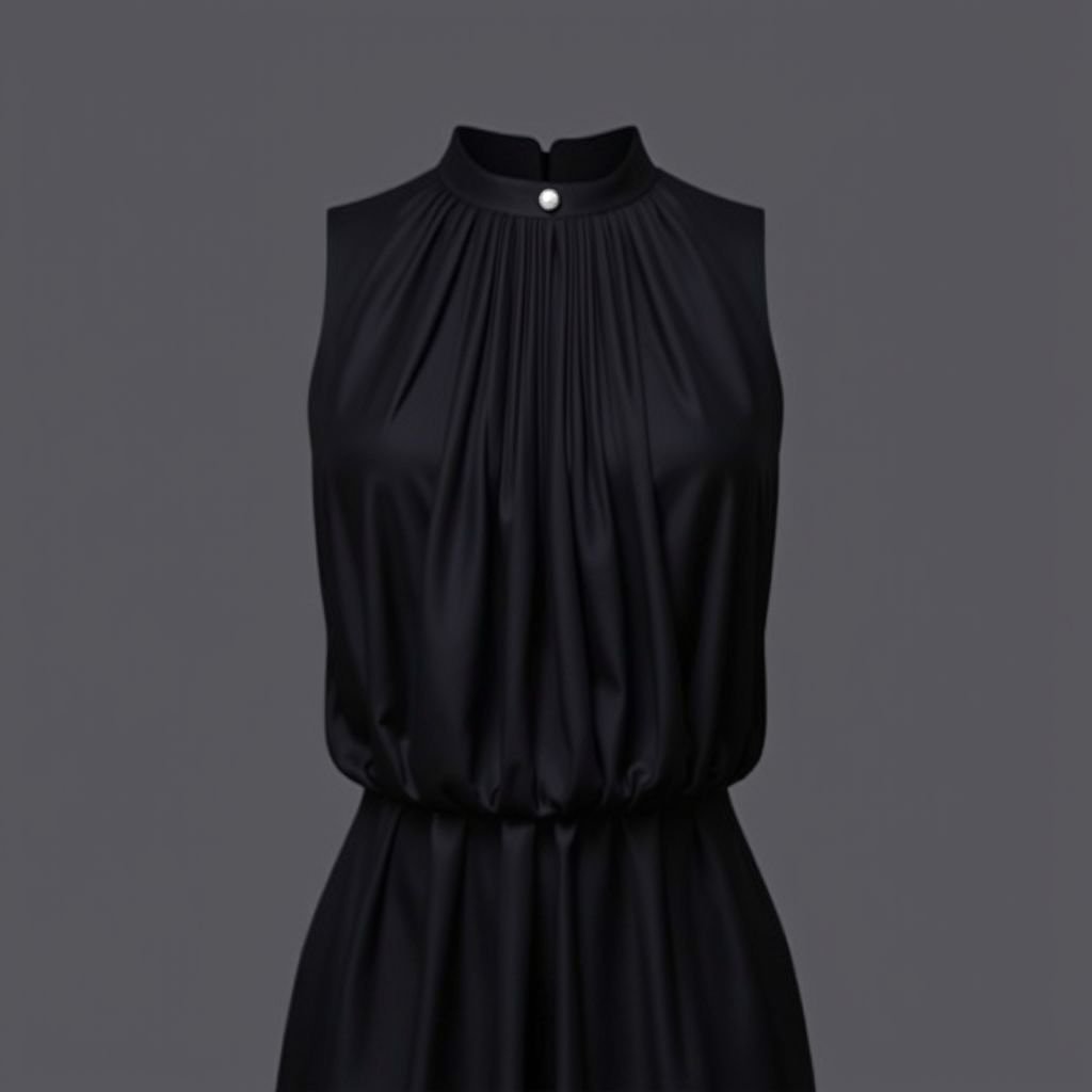 Your dress is a black tank top with a high neckline. In the middle, there is a seam with gathering, creating a subtle pleated effect. The fabric is smooth and fitted, accentuating the shape of the body.
Envision an elegant black tank dress featuring a high neckline, meticulously crafted with a central seam that grows into gracefully gathered pleats, cascading softly down the silhouette. The smooth, luxurious fabric hugs the body, showcasing its curves while maintaining an air of sophistication. Adorn with delicate pearl detailing for added refinement.