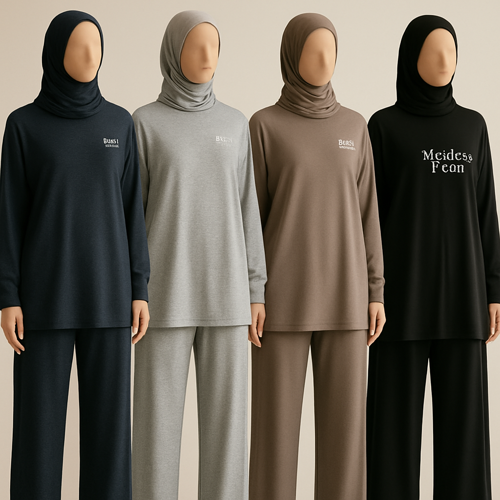 Create a revolutionary women's modest loose gym wear brand called "Modest Fleur". Display the brand name on the in a unique design on the upper right side, in small thick writing that exudes a classy and sophisticated vibe. I'd like four designs, each showcasing different styles and fabrics, with high-end, chic designs to make them truly special. Making it first design in the world 

Create a revolutionary women's modest loose gym wear brand called "Modest Fleur". Display the brand name on the in a unique design on the upper right side, in small thick writing that exudes a classy and sophisticated vibe. I'd like four designs, each showcasing different styles and fabrics, with high-end, chic designs to make them truly special. Making it first design in the world 