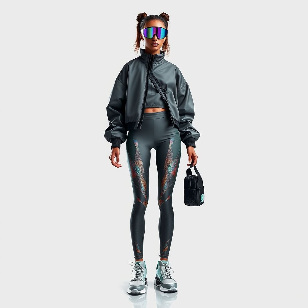 Sportswear
Envision an avant-garde sportswear ensemble merging functionality with high fashion. Picture sleek, form-fitting leggings adorned with iridescent patterns reflecting movement, paired with a cropped, asymmetrical bomber jacket in a tech-inspired fabric. Accessories include breathable mesh sneakers, a holographic visor, and a crossbody bag with smart technology integration, redefining urban athletic aesthetics.