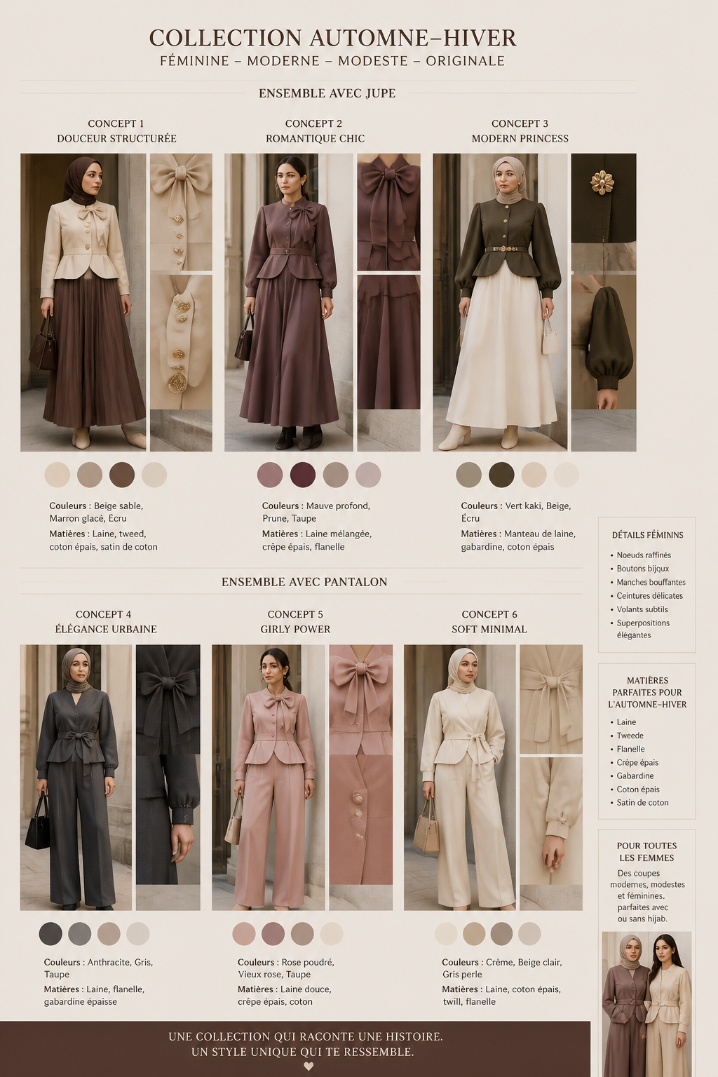 veux lancer un projet de vêtements destiné principalement aux femmes voilées, mais je veux aussi que mes vêtements puissent être portés par des femmes qui ne portent pas le hijab.
Pour mon premier lancement, je veux créer un ensemble avec jupe et un autre avec pantalon. Je cherche un style vraiment unique, féminin, girly, élégant et moderne, avec une touche originale.
Je m’inspire du style des femmes voilées hollandaises et algériennes : des looks modestes, féminins, bien structurés, mais avec une touche tendance et raffinée.La collection sera lancée pour la rentrée scolaire, au moment où le temps commence à se rafraîchir et où les premières journées froides arrivent. Je veux donc quelque chose adapté à l’automne et au début de l’hiver : élégant, confortable et facile à porter au quotidien.C’est mon tout premier article pour lancer ma page, donc il est très important que le modèle soit vraiment beau, original, accrocheur et différent de ce qu’on voit partout. Je ne veux surtout pas un modèle classique, banal ou démodé.
Propose-moi plusieurs concepts de modèles pour le premier lancement, avec :un ensemble avec jupe
un ensemble avec pantalon
des couleurs tendance pour l’automne
des matières adaptées au temps frais
des détails féminins et girly
des coupes modernes et flatteuses
un style modeste mais pas exclusivement réservé aux femmes voilées veux que le résultat donne une vraie identité à ma marque et qu’on puisse voir le vêtement et se dire immédiatement : « C’est original, je le veux.
veux lancer un projet de vêtements destiné principalement aux femmes voilées, mais je veux aussi que mes vêtements puissent être portés par des femmes qui ne portent pas le hijab.
Pour mon premier lancement, je veux créer un ensemble avec jupe et un autre avec pantalon. Je cherche un style vraiment unique, féminin, girly, élégant et moderne, avec une touche originale.
Je m’inspire du style des femmes voilées hollandaises et algériennes : des looks modestes, féminins, bien structurés, mais avec une touche tendance et raffinée.La collection sera lancée pour la rentrée scolaire, au moment où le temps commence à se rafraîchir et où les premières journées froides arrivent. Je veux donc quelque chose adapté à l’automne et au début de l’hiver : élégant, confortable et facile à porter au quotidien.C’est mon tout premier article pour lancer ma page, donc il est très important que le modèle soit vraiment beau, original, accrocheur et différent de ce qu’on voit partout. Je ne veux surtout pas un modèle classique, banal ou démodé.
Propose-moi plusieurs concepts de modèles pour le premier lancement, avec :un ensemble avec jupe
un ensemble avec pantalon
des couleurs tendance pour l’automne
des matières adaptées au temps frais
des détails féminins et girly
des coupes modernes et flatteuses
un style modeste mais pas exclusivement réservé aux femmes voilées veux que le résultat donne une vraie identité à ma marque et qu’on puisse voir le vêtement et se dire immédiatement : « C’est original, je le veux.