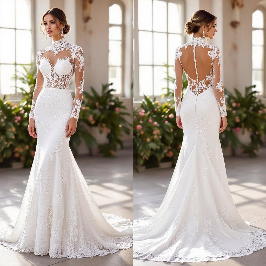 A Fashionable mermaid dress, designed with a Chantilly lace. It has a high neckline and long, dramatic sleeves
A fashionable white Chantilly lace mermaid dress with a high neckline, long sleeves, and a chapel train.