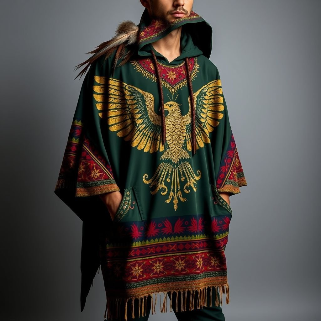 A boho dark green Man minimal poncho for a jungle man inspired eagle and mexican pattern
Envision a boho dark green poncho tailored for the modern jungle man, featuring intricate eagle motifs intertwined with vibrant Mexican patterns etched in gold and deep red. The lightweight fabric drapes effortlessly, perfect for adventurous exploration. Pockets conceal small treasures, while a hood embellished with feathers offers a nod to nature’s wild spirit.