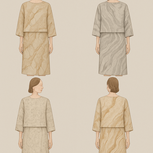 Create a modest two-piece linen set, the first of its kind, featuring a unique stone design that exudes a classy and sophisticated vibe. I’d like four designs, each showcasing different styles and fabrics. Incorporate high-end, unique chic stone designs to make them truly special. Add little sophisticated stone designs.