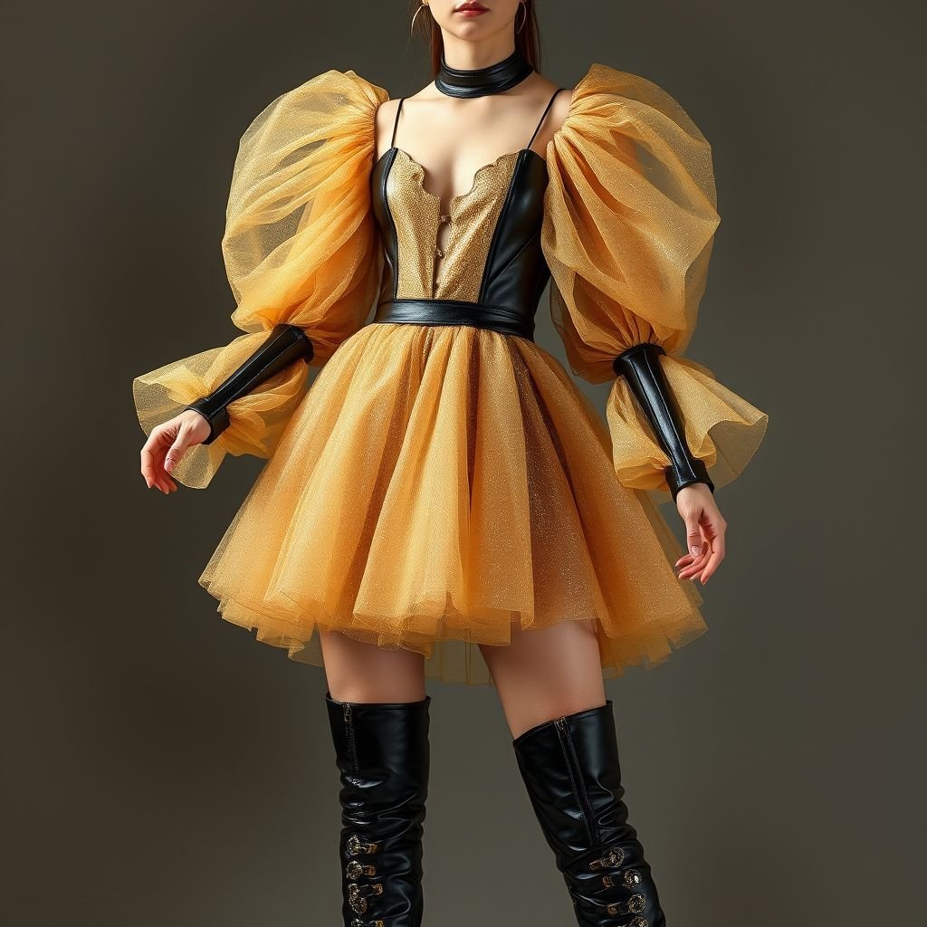 Gold, tulle, mini, mutton sleeves, leather, over the knee boots
Envision a dazzling mini dress crafted from shimmering gold-tinged tulle, featuring dramatic mutton sleeves that evoke a sense of regal rebellion. Accentuate this ethereal look with structured leather panels, creating bold contrasts. Complete with sleek, thigh-high leather boots adorned with metallic hardware, this ensemble radiates a fierce, avant-garde metal fashion aesthetic.
