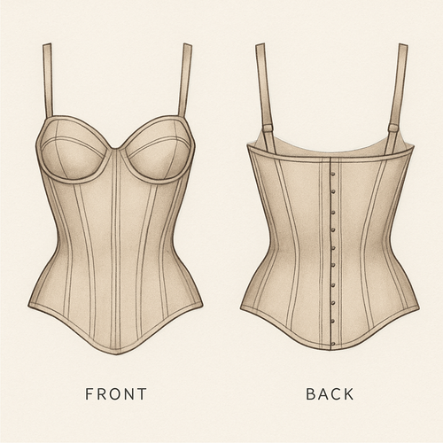 A illusion cup corset with a basque waist line