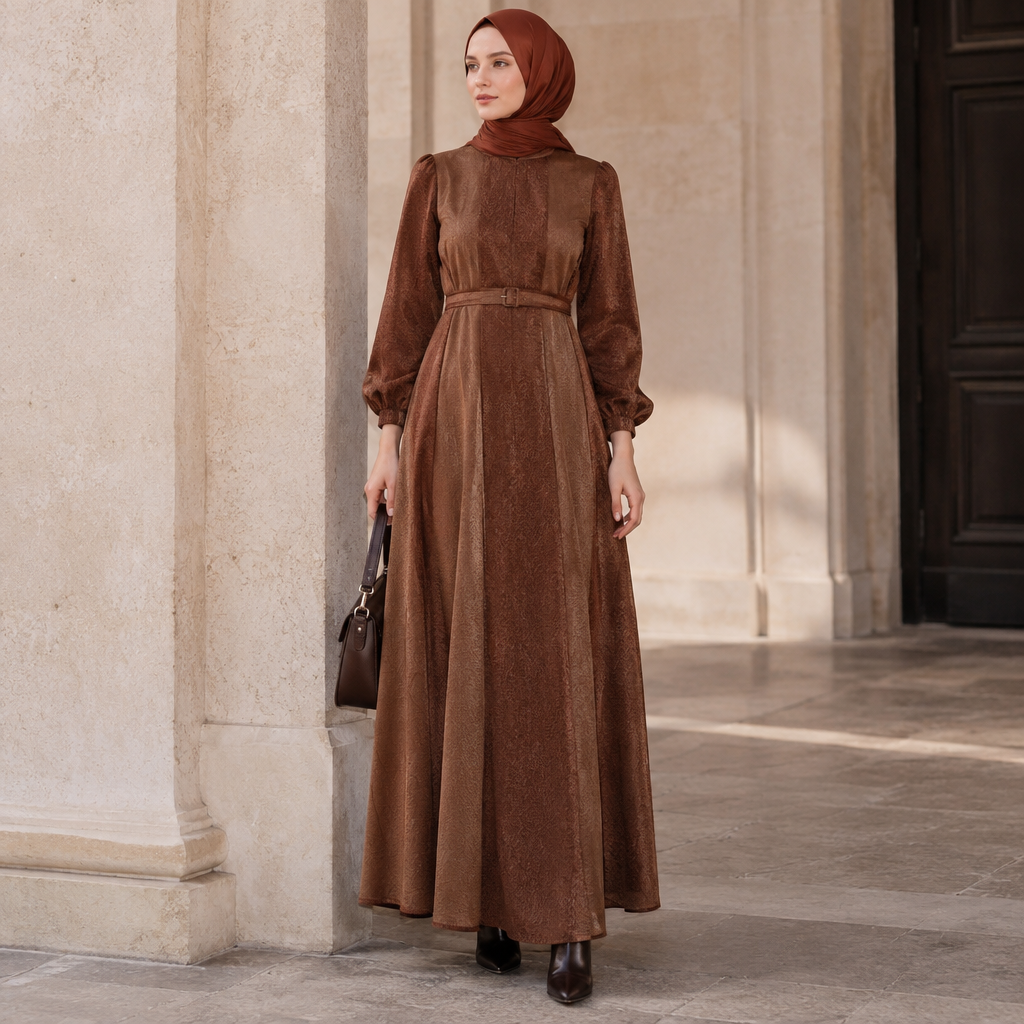 A Female Dress design, with modest, full coverage: longer hemlines, higher necklines and covered shoulders, suitable for Fall. SY fashion aesthetics. Current season is Autumn in SY. Present it as professional fashion catalogue photography: the garment is the subject, shown full-length with editorial styling, neutral posing and tasteful, non-suggestive framing.
photorealistic fashion design, A Female Dress design, with modest, full coverage: longer hemlines, higher necklines and covered shoulders, suitable for Fall. SY fashion aesthetics. Current season is Autumn in SY. Present it as professional fashion catalogue photography: the garment is the subject, shown full-length with editorial styling, neutral posing and tasteful, non-suggestive framing., just the design no text