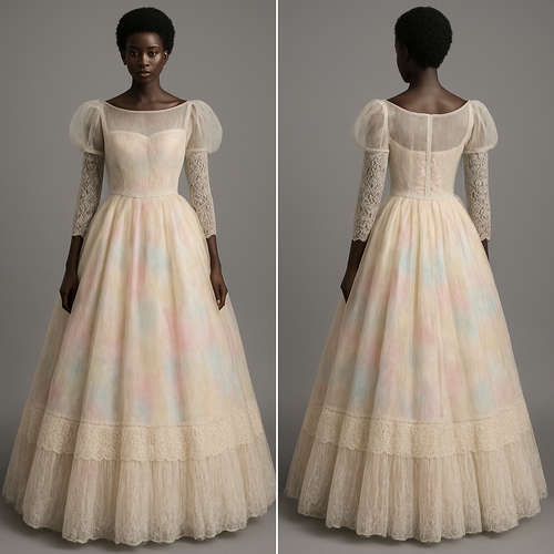 I want an organza fabric at the top of a colorful princess dart gown and lace fabric with pleats at the sleeves and at around the knee all the way to the floor on a real mannequin or a dark skin human. 
