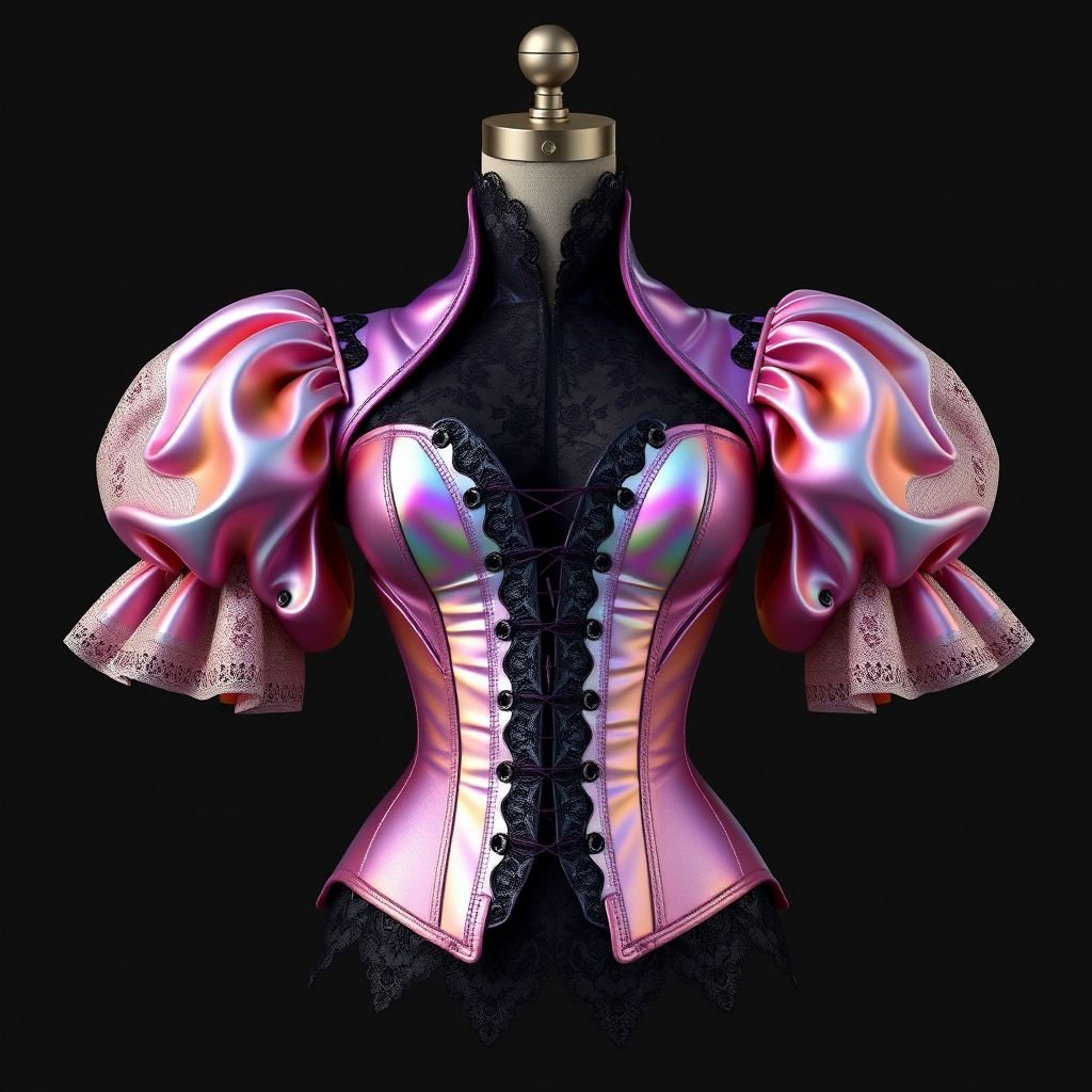 Corset
Design a modern, avant-garde corset that blends Victorian elegance with futuristic elements. Incorporate iridescent fabrics, asymmetrical silhouettes, and intricate lace overlays. Add oversized, detachable sleeves and a peplum detail for a dramatic flair. The color palette should feature deep jewel tones with metallic accents, creating a striking visual impact.