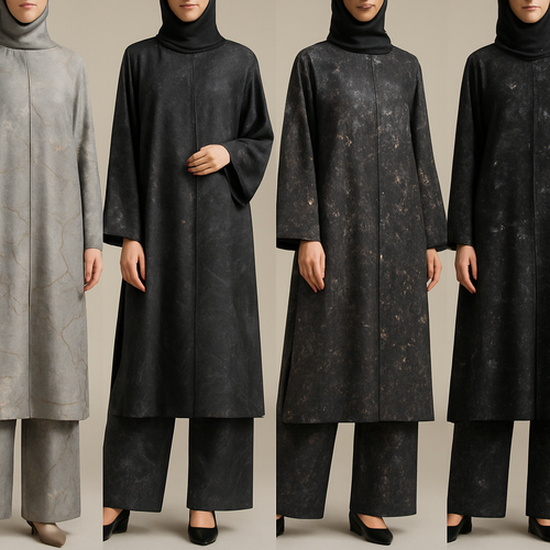 Create a modest abaya and loose pant, first of its kind, featuring a unique stone design that exudes a classy and sophisticated vibe. I'd like four designs, each showcasing different styles and fabrics. Incorporate high-end, unique chic stone designs to make them truly special. Add little sophisticated stone designs. Make it irresistible with designs that stands out.