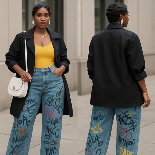 Black woman 
Finger waves 
Yellow spaghetti strap shirt 
Black trench coat sleeves rolled up 
Big jeans with graffiti 
White coach purse 
Yellow heels 
White earrings
Gold bracelet and rings 
Gold necklace 
