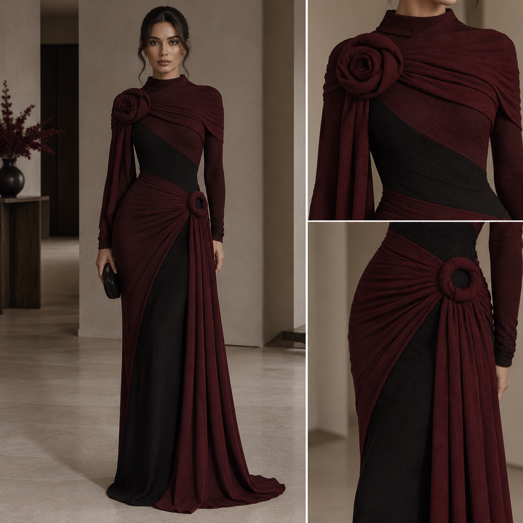 Silhouette & Fabric
• Cut: The gown features a sleek, floor-length sheath or column silhouette that hugs the curves tightly through the torso and hips.
• Fabric: It is constructed from a heavily textured, fine ribbed-knit material that provides stretch while maintaining a clean, structured line.
Neckline & Upper Draping
• Neckline: The dress features an elegant, straight off-the-shoulder neckline that stretches smoothly across the collarbone.
• Shoulder Details: A thick panel of matching fabric wraps around the upper chest and right shoulder, terminating in a large, sculpted rosette knot on the right side. From this knot, a long fabric sash cascades down past the hip.
Waist & Skirt Details
• Asymmetrical Gathering: The focal point of the lower torso is a tightly gathered, pleated overlay that wraps diagonally across the waist and hips.
• Hip Ring & Train: The gathered fabric is pulled tightly through a circular fabric-covered ring at the left hip. It secures into a massive, heavy knot that falls effortlessly into a floor-length sash, adding dynamic movement to the skirt.
• Sleeves: It includes sleek, fitted long sleeves that extend past the wrists to meet the long lines of the gown. I want the dress to be maroon and black dress , I don’t want the shoulder to be exposed
photorealistic fashion design,
Silhouette & Fabric
• Cut: The gown features a sleek, floor-length sheath or column silhouette that hugs the curves tightly through the torso and hips.
• Fabric: It is constructed from a heavily textured, fine ribbed-knit material that provides stretch while maintaining a clean, structured line.
Neckline & Upper Draping
• Neckline: The dress features an elegant, straight off-the-shoulder neckline that stretches smoothly across the collarbone.
• Shoulder Details: A thick panel of matching fabric wraps around the upper chest and right shoulder, terminating in a large, sculpted rosette knot on the right side. From this knot, a long fabric sash cascades down past the hip.
Waist & Skirt Details
• Asymmetrical Gathering: The focal point of the lower torso is a tightly gathered, pleated overlay that wraps diagonally across the waist and hips.
• Hip Ring & Train: The gathered fabric is pulled tightly through a circular fabric-covered ring at the left hip. It secures into a massive, heavy knot that falls effortlessly into a floor-length sash, adding dynamic movement to the skirt.
• Sleeves: It includes sleek, fitted long sleeves that extend past the wrists to meet the long lines of the gown. I want the dress to be maroon and black dress , I don’t want the shoulder to be exposed , just the design no text