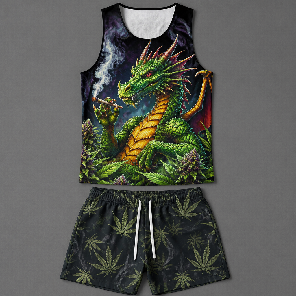 A Male fashion design. a block tank top with a vibrant colored dragon smoking marijuana with dark gray shorts with marijuana leaves
photorealistic fashion design, A Male fashion design. a block tank top with a vibrant colored dragon smoking marijuana with dark gray shorts with marijuana leaves, just the design no text