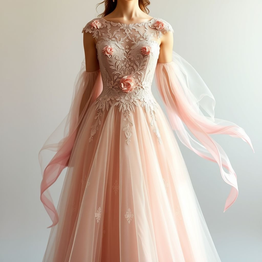 Unique engagement dress with extensions
Create an enchanting engagement dress featuring a fitted lace bodice adorned with hand-embroidered floral motifs. The dress flows into a soft tulle skirt that trails gracefully, complemented by detachable cascading silk extensions that billow like delicate wings. The color palette blends blush pink with iridescent silver, embodying romance and whimsy.