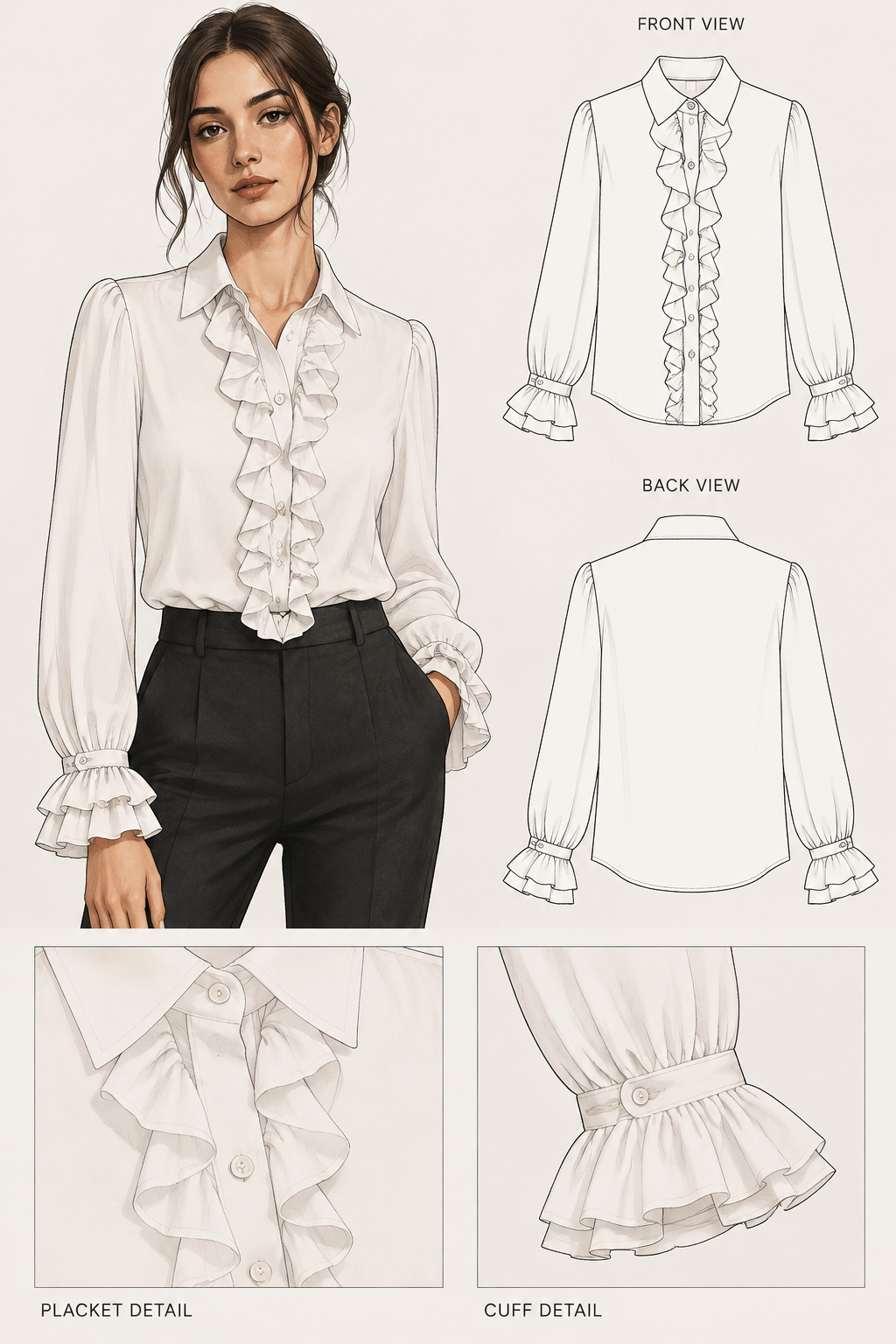 a blouse with ruffles along the button placket and also at the ends of the sleeves
a blouse with ruffles along the button placket and also at the ends of the sleeves