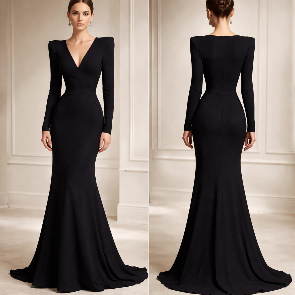 A luxurious, full-length gown crafted from rich, high-end heavy crepe fabric, featuring an elegant and refined silhouette. The design showcases perfectly sculpted shoulders that are precisely tailored to the body, along with long fitted sleeves that enhance the graceful structure. The neckline is a slightly deep V-shape, subtly revealing the bust in a tasteful and feminine way. The waist is cinched to create a defined, flattering shape. The gown is finished with delicate, minimal detailing that adds sophistication without overpowering the design, maintaining a perfect balance between softness and luxury. The smooth, premium finish of the heavy crepe enhances the overall elegance and gives the gown a structured yet fluid drape. Black color
A luxurious, full-length gown crafted from rich, high-end heavy crepe fabric, featuring an elegant and refined silhouette. The design showcases perfectly sculpted shoulders that are precisely tailored to the body, along with long fitted sleeves that enhance the graceful structure. The neckline is a slightly deep V-shape, subtly revealing the bust in a tasteful and feminine way. The waist is cinched to create a defined, flattering shape. The gown is finished with delicate, minimal detailing that adds sophistication without overpowering the design, maintaining a perfect balance between softness and luxury. The smooth, premium finish of the heavy crepe enhances the overall elegance and gives the gown a structured yet fluid drape. Black color, haute_couture style, show front and back