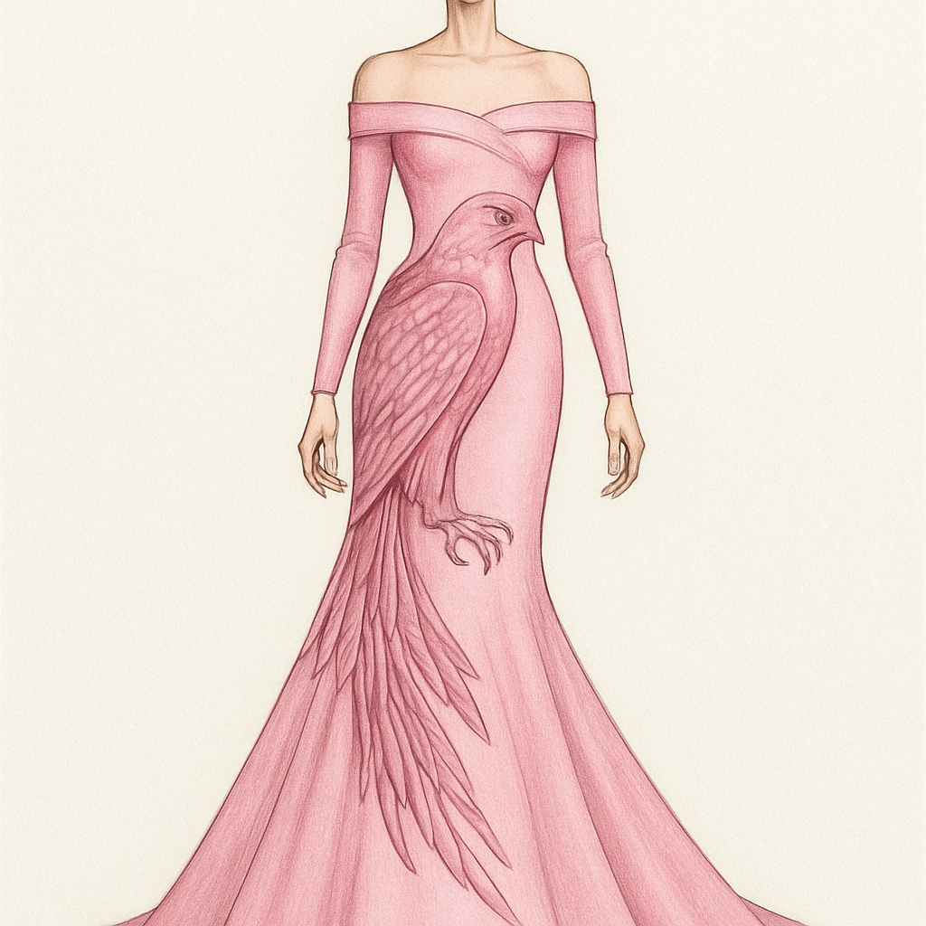 create a pageant trumpet gown with a pink falcon bird details, long sleeves and off shoulder style
create a pageant trumpet gown with a pink falcon bird details, long sleeves and off shoulder style