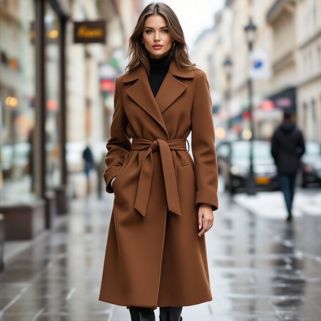 کت خیلی بلند کشمیر قهوه ای با کمربند
Long brown cashmere coat defined at the waist with a matching belt.