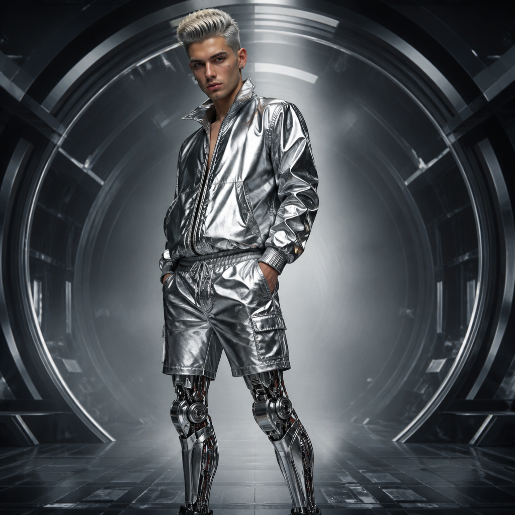 disegna un uomo con i piercing ai sopraccigli e i diamantini come orecchini e sulle guance (dermal piercing) capelli grigi alti gellati e con la lacca. indossa una giacca metallizzata e pantaloni corti metal e gambe robot. sfondo cyber space
photorealistic fashion design, disegna un uomo con i piercing ai sopraccigli e i diamantini come orecchini e sulle guance (dermal piercing) capelli grigi alti gellati e con la lacca. indossa una giacca metallizzata e pantaloni corti metal e gambe robot. sfondo cyber space, space_age style, just the design no text
