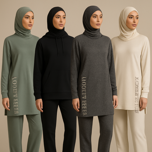 Create a revolutionary women’s modest loose gym wear brand called “Modest Fleur”. Display the brand name on the garments in a unique stone design on the side, exuding a classy and sophisticated vibe. I’d like four designs, each showcasing different styles and fabrics, with high-end, unique chic designs to make them truly special.