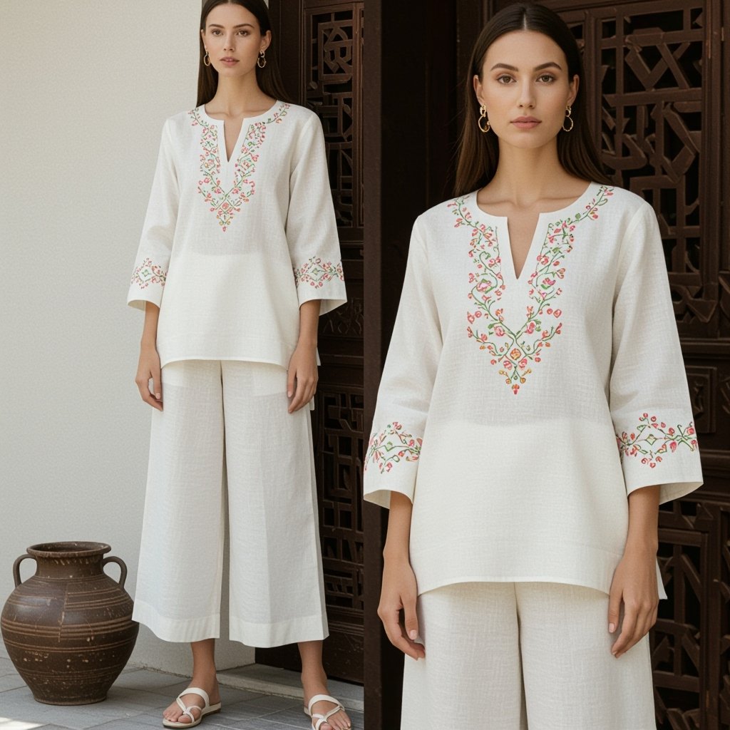 Eastern 2pcs coords set
Eastern 2pcs coords set in breathable linen, featuring a relaxed-fit tunic and wide-leg trousers, subtly embroidered with traditional motifs.