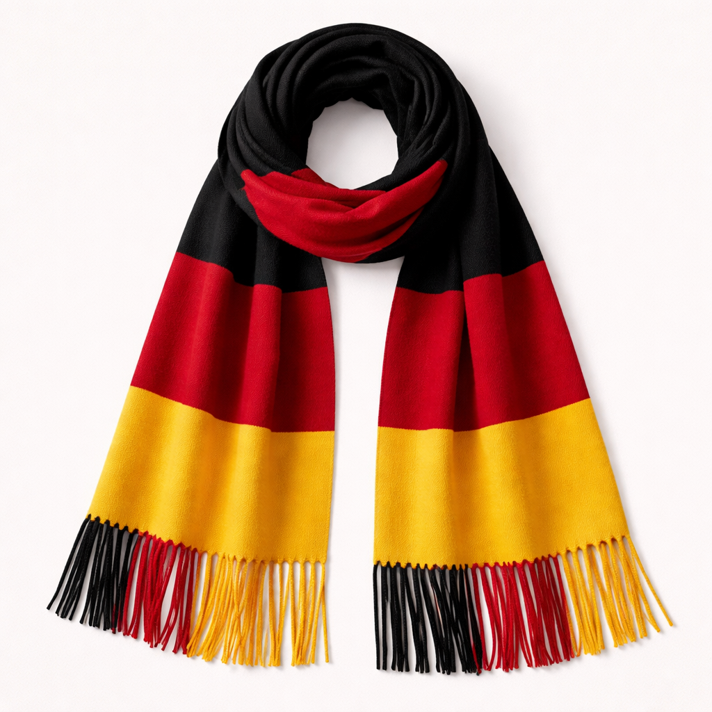 Make a scarf that is inspired by the Germany flag. No logos just longitudinal lines
Make a scarf that is inspired by the Germany flag. No logos just longitudinal lines , classic style