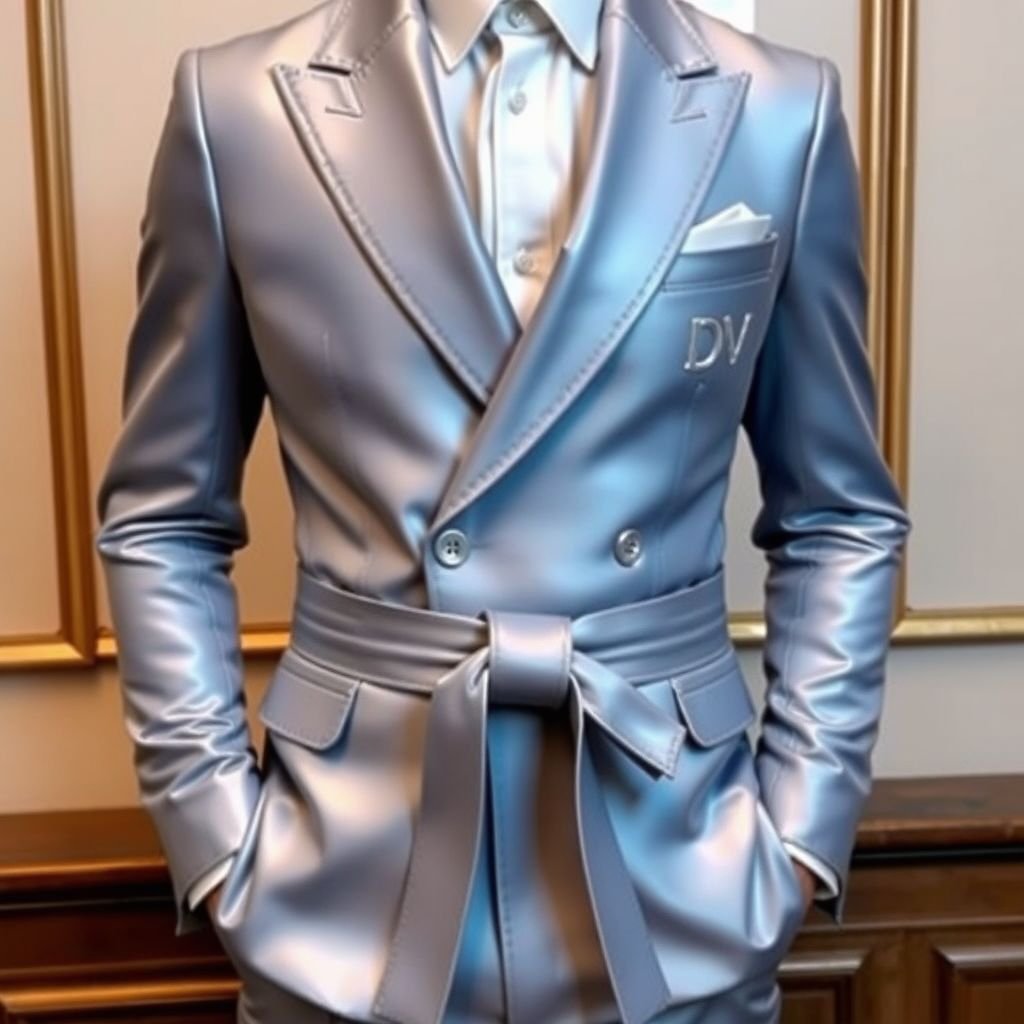 Men’s light blue shiny suit, with long belt that wraps around and hangs, slim fit, with “DV” on it. Mens Tuxedos Double Breasted Groom Wear For Wedding Male Party Blazer Customized Streetwear 2 Pieces
Design an elegant, light blue shiny two-piece suit for men, featuring a tailored slim fit with an elongated belt that wraps stylishly around the waist and drapes gracefully. The blazer, double-breasted with refined lapels, is adorned with delicate "DV" embroidery, perfect for weddings or upscale events, combining sophistication and modern streetwear flair.