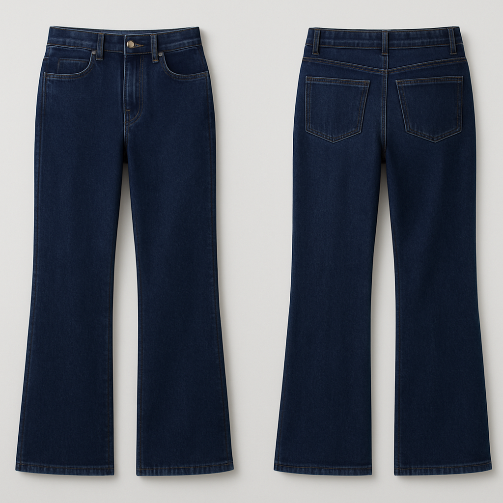 Dark blue denim jeans with a straight, slightly flared leg and two front pockets positioned along the front panel.
Dark blue denim jeans with a straight, slightly flared leg and two front pockets positioned along the front panel.
, show front and back