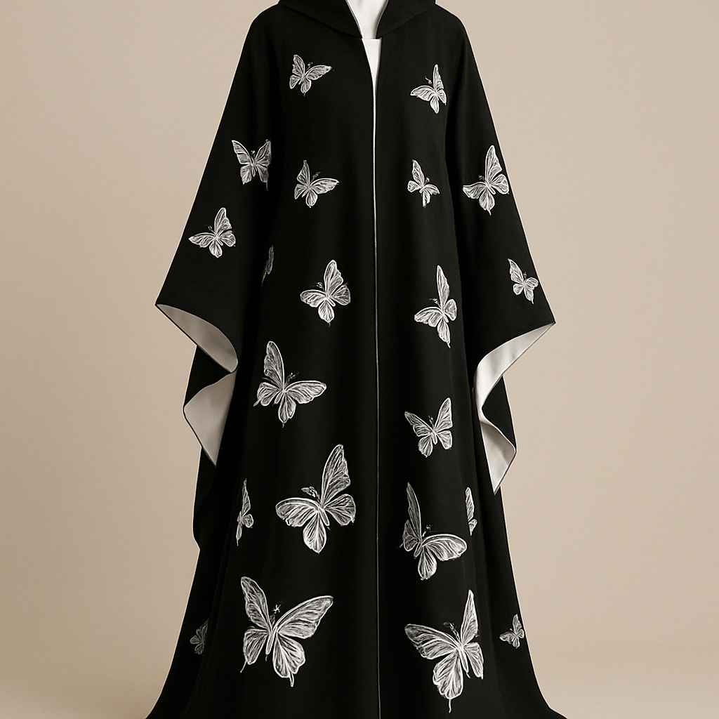 صمم لي عبايه جناح بلون اسود وعليه اشكال فراشه بيضاء ومن الداخل ابيض
صمم لي عبايه جناح بلون اسود وعليه اشكال فراشه بيضاء ومن الداخل ابيض