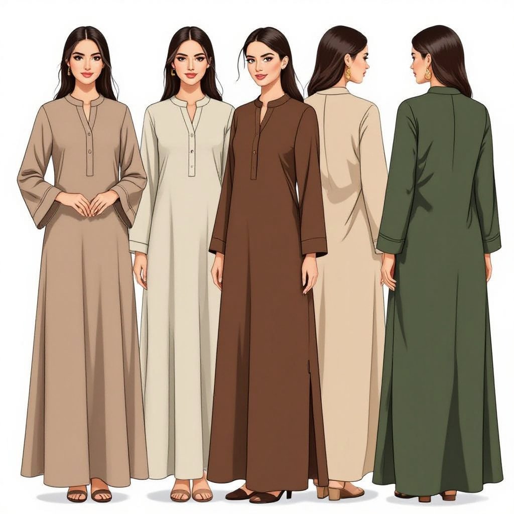 A-Line Abaya Design (Minimalist Edition) • Cut: • Full-length A-Line silhouette flowing luxuriously from shoulder to floor. • Very clean cut with sharp lines to highlight the refined, elegant character. • Fabric: • Mikado Silk or Heavy Double Crepe — luxurious fabrics with weight and smooth texture that hold the abaya’s shape beautifully. • Recommended colors: Jet Black for evening haute couture looks, or Ivory/Off-White for daytime elegance and classic luxury. • Collar / Neckline: • Straight slim blazer lapel for a modern tailored look. • Or a minimalist high collar for a regal, elevated impression. • Sleeves: • Straight sleeves with sharp structured cuffs. • Optional: Slightly flared sleeves for a dramatic haute couture flair. • Details: • Completely plain with no embroidery or patterns — all focus on the cut and the fabric. • Optional front slit or long side slit to create graceful movement when walking. • Single fabric-covered button or hidden inner closure for a sleek, polished finish. • Back Design: • Entirely plain with a small center slit at the back hem, reinforcing the blazer aesthetic and ensuring ease of movement. ⸻ ✨ Result: An A-Line abaya with a haute couture minimalist aesthetic, free of embroidery, relying solely on luxurious fabric and precision tailoring. It delivers a powerful, regal, and refined presence — perfect for high-end evening events or exclusive formal occasions.
Country fashion: A-line abaya, full-length, country style. Cotton or linen fabric. Earthy colors like brown, tan, or green. Simple collar or high neckline. Straight sleeves. Plain design, no patterns. Button or hidden closure. Back slit.