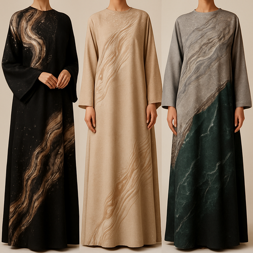 Create a modest boubou, the first of its kind, featuring a unique stone design that exudes a classy and sophisticated vibe. I'd like four designs, each showcasing different styles and fabrics. Incorporate high-end, unique chic stone designs to make them truly special. Add little sophisticated stone designs.