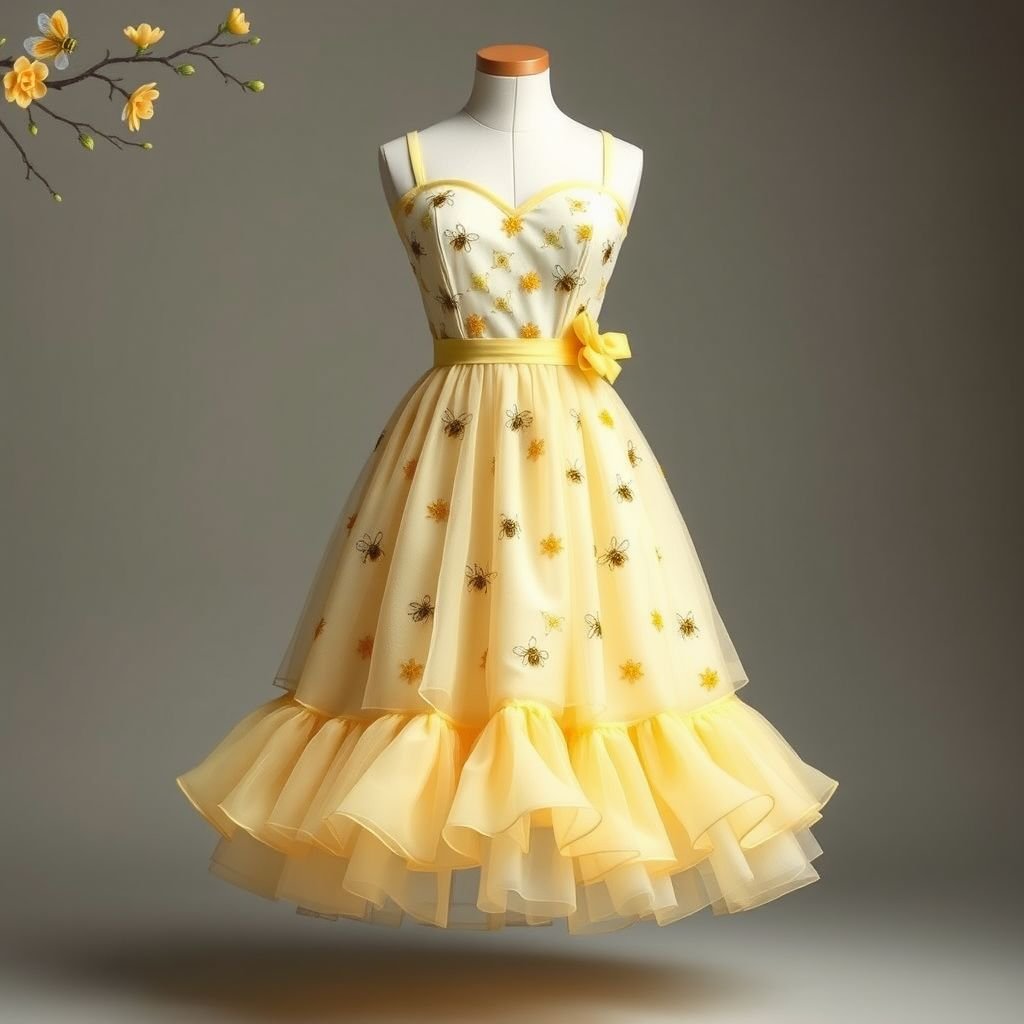 A honey bee & honey comb themed spring day dress.
Create a whimsical honey bee and honeycomb themed spring day dress in a soft pastel palette. Envision a flowing silhouette adorned with delicate embroidered bees and honeycomb patterns. The bodice features a sweetheart neckline, while a gentle, layered, pastel yellow skirt is playfully accentuated with sheer organza ruffles, invoking a dreamy garden vibe.