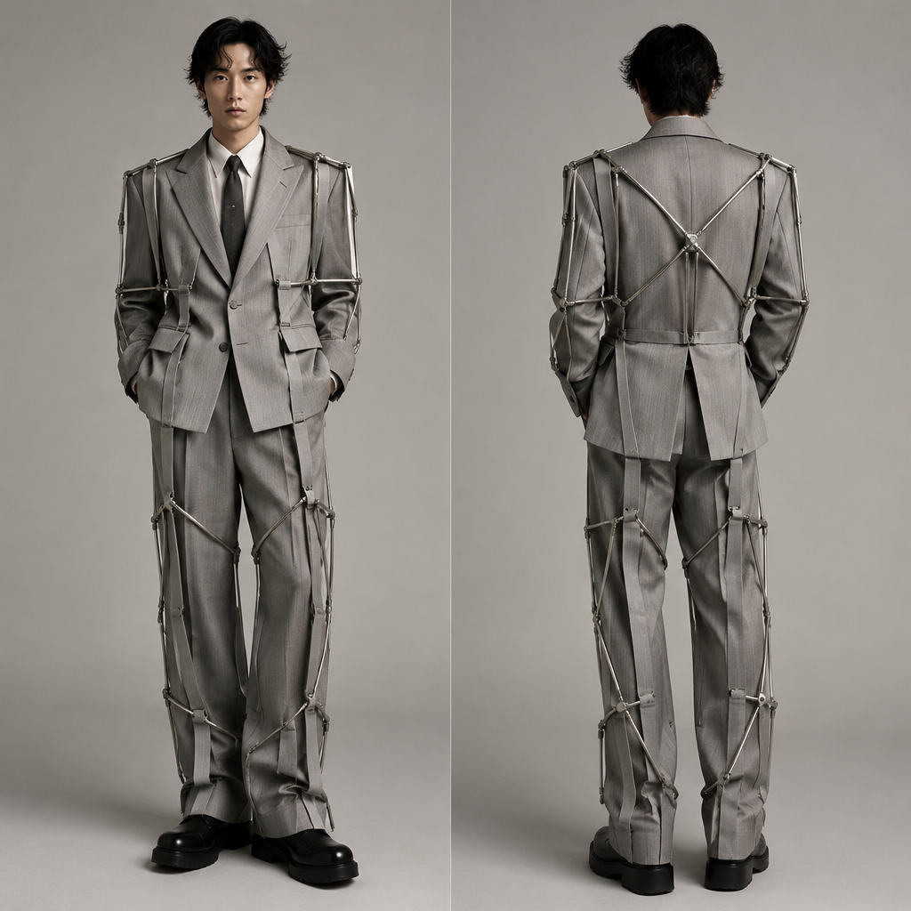 Suits inspired by scaffolding and 80s Japanese suits
photorealistic fashion design, Suits inspired by scaffolding and 80s Japanese suits , business style, just the design no text, show front and back