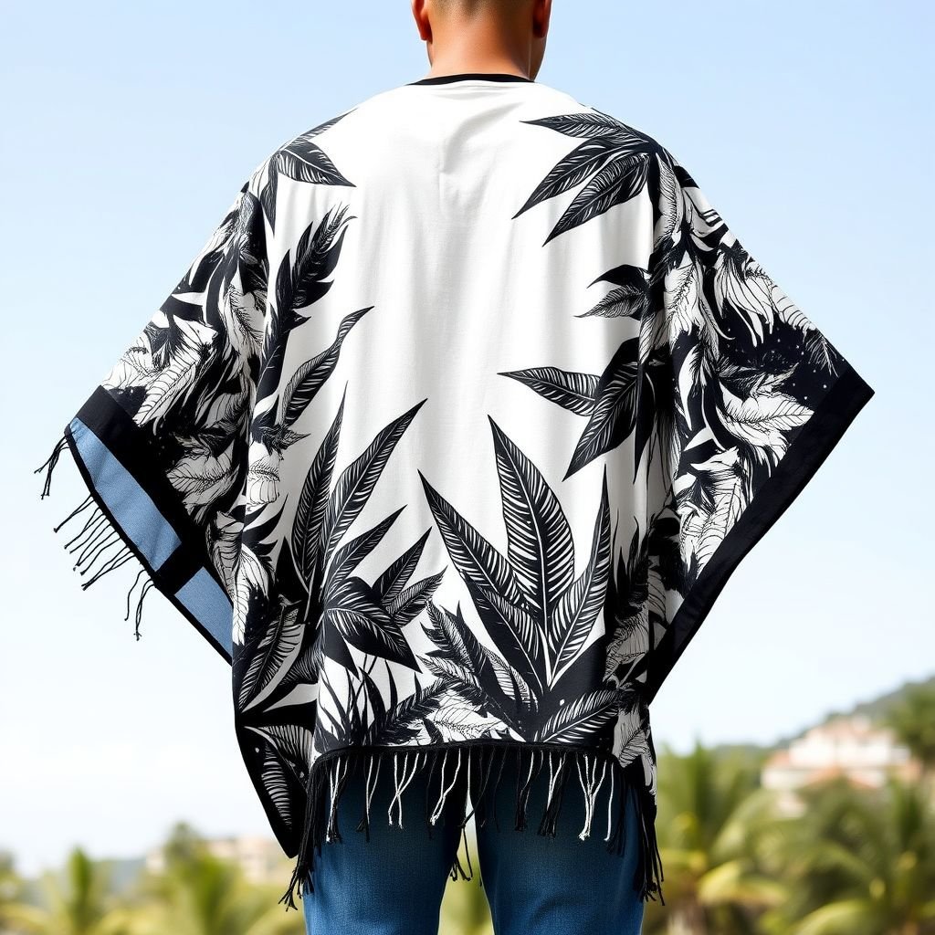 summer man black and white poncho which is handpainted of jungle
Design a captivating summer men's poncho in bold black and white, featuring intricate hand-painted jungle motifs. This lightweight, breathable piece boasts an oversized silhouette, perfect for warm days. Flowy sleeves and a fringed hem add dynamism, while the striking nature-inspired artwork creates a unique blend of urban and tropical aesthetics.