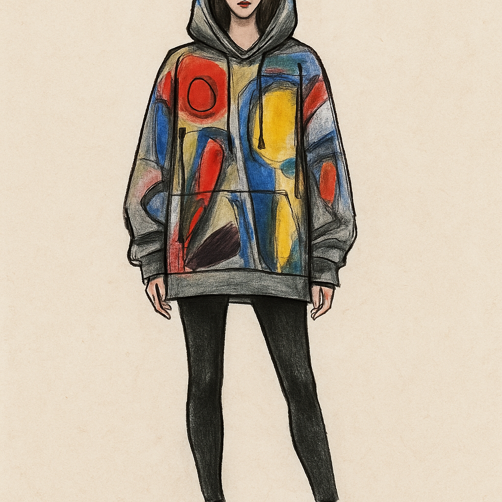 Crea un figurino di moda donna con felpa oversize cappuccio e stampa avanguardie 

Crea un figurino di moda donna con felpa oversize cappuccio e stampa avanguardie 