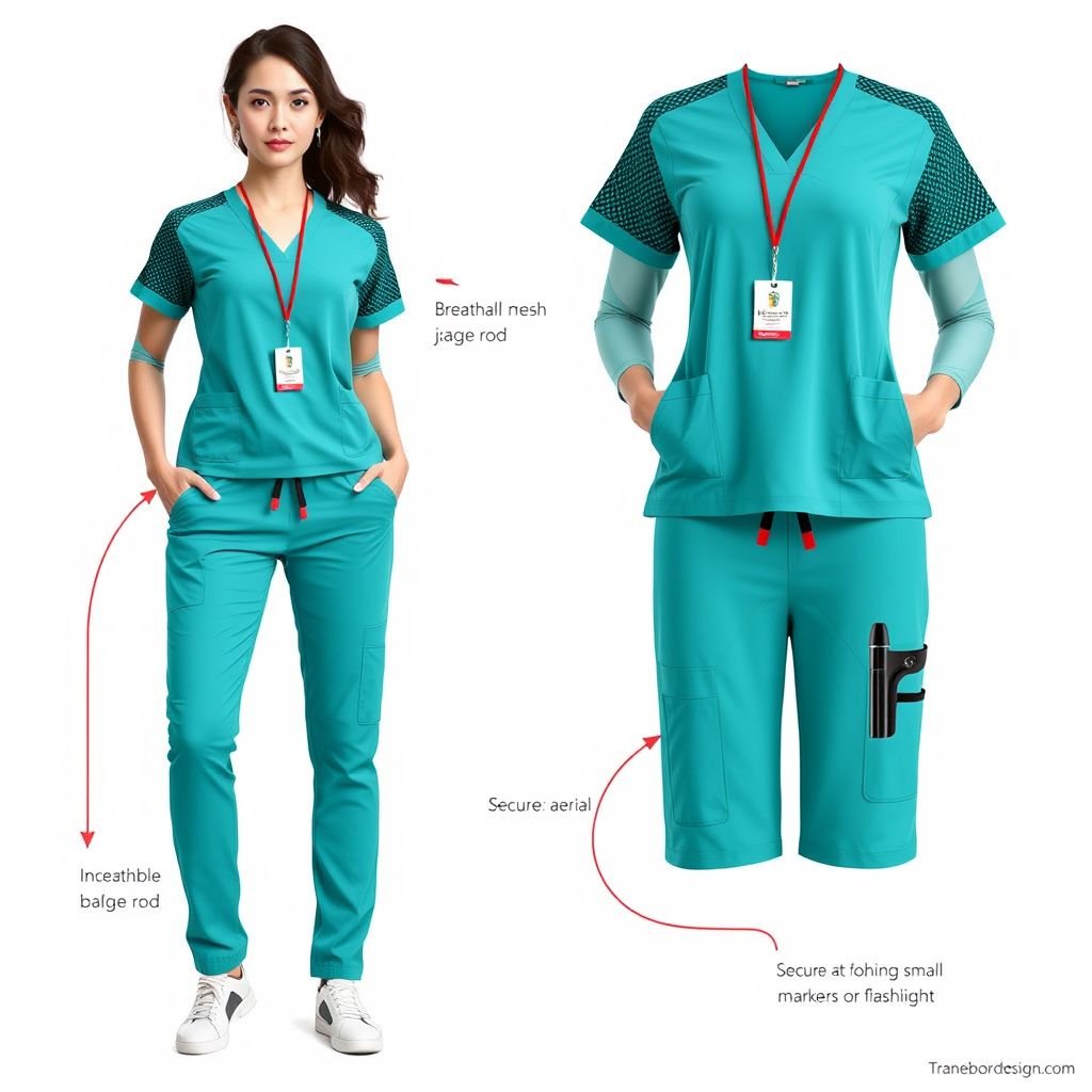 A scrub set that is teal. Mesh teal sleeves. Badge rod to add a badge. Deep pockets. Jogger pants. Areal on short to hang small markers flash light
Design a modern scrub set in vibrant teal, featuring breathable mesh sleeves for enhanced ventilation. The jogger-style pants boast deep pockets for ample storage, while the top includes an innovative badge rod for easy badge attachment. A secure aerial on the shorts is perfect for hanging small markers or a flashlight, combining functionality with a sleek, stylish silhouette.