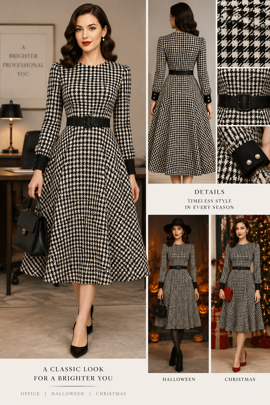 Women's Elegant Vintage Houndstooth -Line Dress - Houndstooth Plaid Suitable for Office, Halloween, Christmas Dress with Hem, Belt Included, no v neck line
Women's Elegant Vintage Houndstooth -Line Dress - Houndstooth Plaid Suitable for Office, Halloween, Christmas Dress with Hem, Belt Included, no v neck line