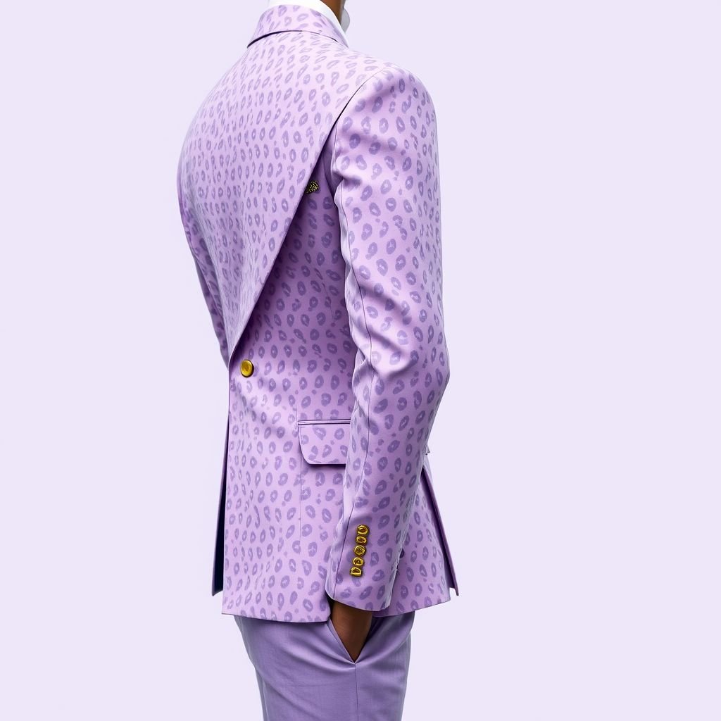 Men’s unique suit, lavender . The suit should have mini leopard print on it. “DV on sleeve in small print. The whole suit should be leopard printed
Design an elegant men’s suit in a soft lavender hue, featuring a subtle, mini leopard print that exudes sophistication. The jacket should have tailored lapels and a modern silhouette, with “DV” embossed on the sleeve in discreet gold thread. Pair with sleek trousers, giving an avant-garde twist to classic elegance.