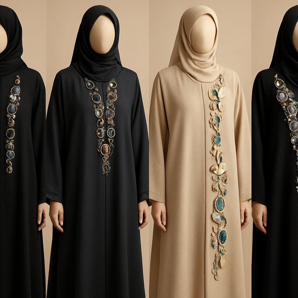 Create me modest abaya that's first in the world, using unique stone design, classy and sophisticated. Keep me 4 designs. Make them rich by adding unique chic stone high end designs and . Showcasing different styles and fabric.
Create me modest abaya that's first in the world, using unique stone design, classy and sophisticated. Keep me 4 designs. Make them rich by adding unique chic stone high end designs and . Showcasing different styles and fabric.